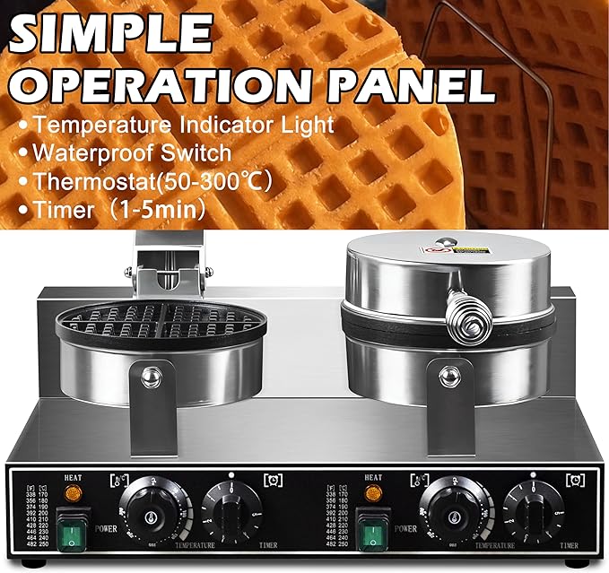 110V 2600W Commercial Double Waffle Maker,Non-Stick Commercial Waffle Baker,Stainless Steel Belgian Waffle Iron for Restaurant Party Food Stall, Bakery Snack Bar Family