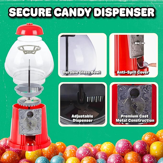Vintage Gumball Machine - 11-Inch Retro-Style, Coin-Operated Cast Metal Vending Machine with Glass Globe and Free Spin by Great Northern Popcorn (Red)