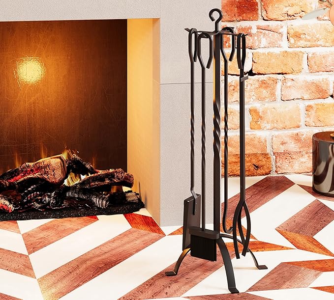 Fire Beauty 5 Pieces Fireplace Tools Sets Fireplace Accessories Tools Holder with Handles Tools for Indoor Fireplace Decor Outdoor Fire Pit Modern Tool(Sanded Black)