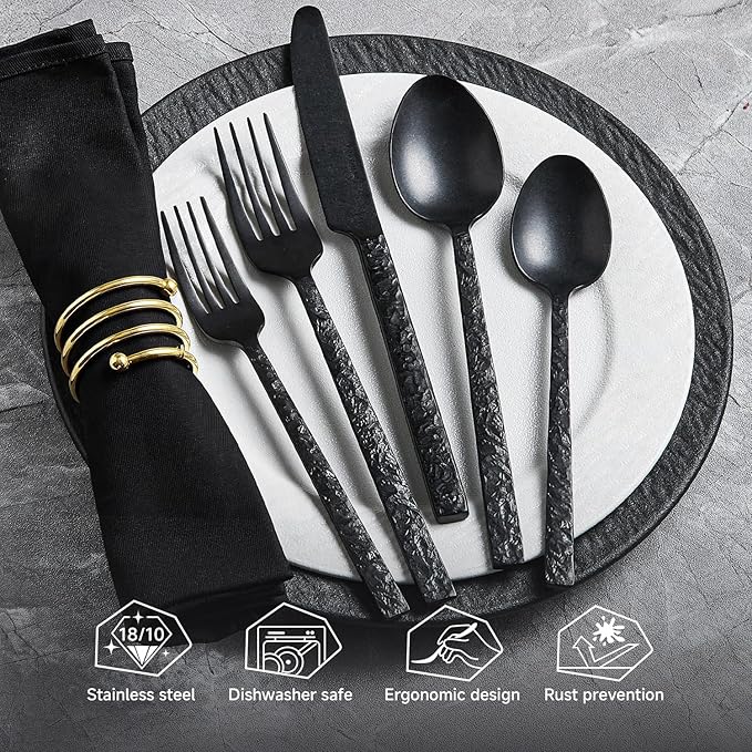 KINGSTONE 60 Pcs Black Hammered Silverware Set for 12, 18/10 Stainless Steel Heavy Duty Flatware Set, Tableware Cutlery Utensil Sets for Home Restaurant Dishwasher Safe