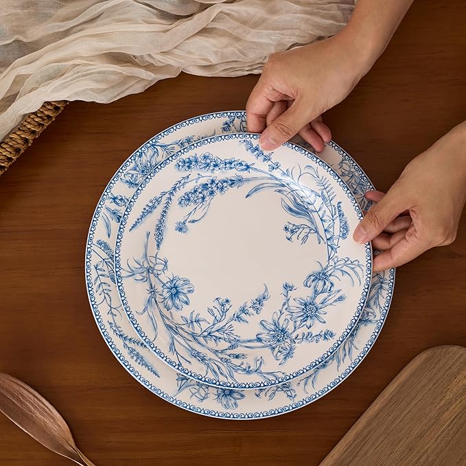 Bico Blue Garden Toile De Jouy Dinner Plates Set of 4, 11 Inch Large Ceramic Plates for Pasta, Steak, Stylish Serving Dishes, Microwave and Dishwasher Safe, Gift for Housewarming and Thanksgiving