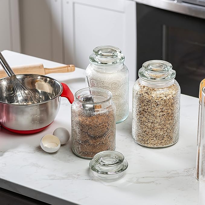 Le'raze Food Storage Containers with Airtight Lids - Retro Design - Pantry Organization, Glass Canisters Storage for Cookies, Tea, Sugar, Candy Jars, Sugar Packet, Set of 3