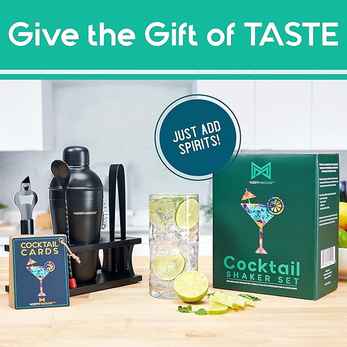 Modern Mixology Cocktail Shaker Set - Bartender Kit with Pine Stand | Leak-Proof Design | Includes Martini Shaker, Jigger, Strainer, Spoon, Tongs | Perfect Bar Tools Gift for Home Mixology (Silver)