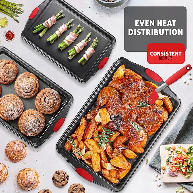 Baking Sheet Set, 2-Piece Large Cookie Sheet Set with Silicone Handles, Steel Baking Pan, Baking Sheets for Oven, BPA Free Cookie Sheets for Baking Nonstick Set, Premium Sheet Pan, Black Baking Tray