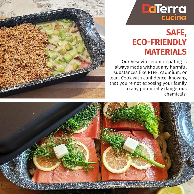 DaTerra Cucina - Nonstick Ceramic Coated Dual Roasting Pan Set – 2 Identical Pans, Oven Safe, Ideal for Roasting, Baking, Searing, Braising, Casseroles, Fits Most Toaster Ovens - 13 x 8 x 4.25