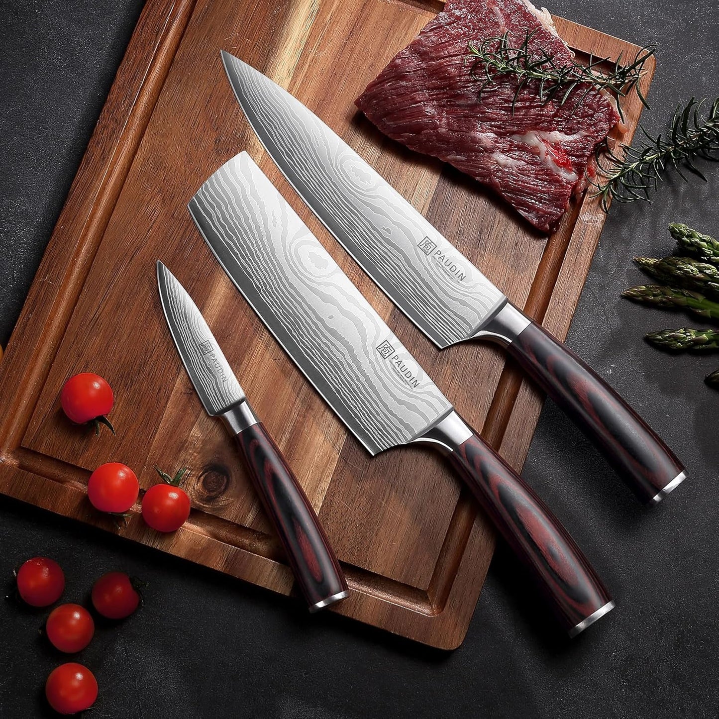 PAUDIN Kitchen Knife Set, 3 Piece High Carbon Stainless Steel Professional Chef Knife Set with Ultra Sharp Blade & Wooden Handle (Kitchen Knife Set 3 Pcs)