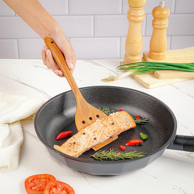 Teak Wooden Spatula for Cooking – Natural Non-Stick, Handcrafted Kitchen Utensils with Round Slotted Turner, Comfort Grip & Microfiber Cloth