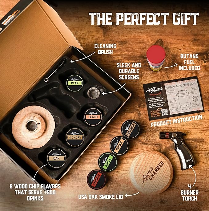 Whiskey Smoker Kit with Torch and Butane - 8 Flavors Wood Chips, 100% USA Oak Smoker, High-End Set - Cocktail Smoker Kit for Drinks - Old Fashioned Bourbon Smoker Gift Set for Men