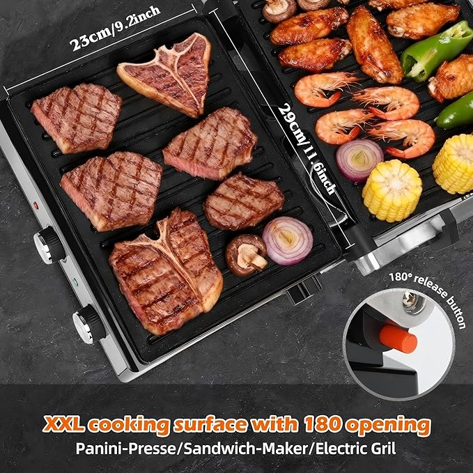 KEINVE 1600W Panini Press, Sandwich Maker with Temp & Time Setting, 4 Slice Large Non-stick Versatile Grill Press, Opens 180 Degrees to Fit Steak, Fish, Vegetable and More