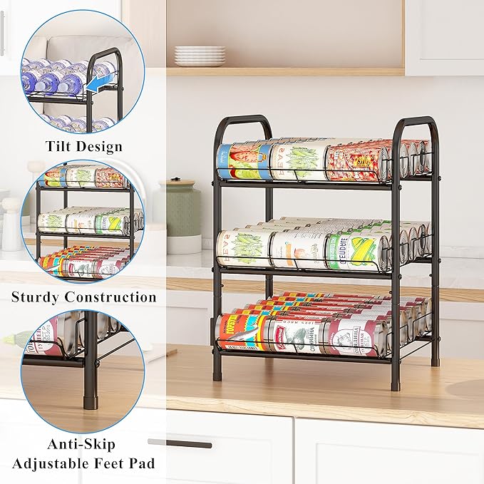 GILLAS 3 5 6 7 8 Tier Water Bottle Storage, Metal Beverage Can Rack,Large Capacity Bottled Rack Water Bottle Holder Stand for Cabinet, Countertop Kitchen, Party, Black