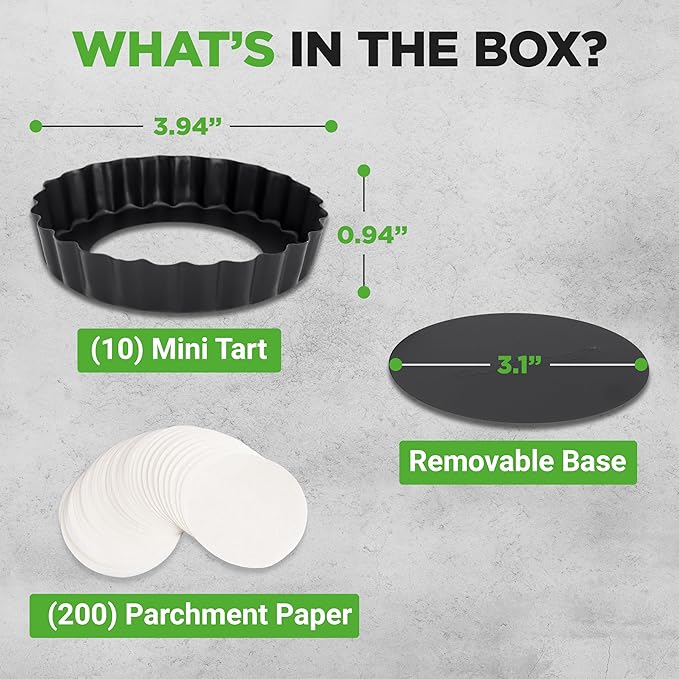 NutriChef 10-Piece Nonstick Mini Tart Pans with Removable Bottom - Heavy Duty 4 Inch Steel Quiche Pans, Oven & Dishwasher Safe, Fluted Side for Sweet & Savory Foods - Includes 200pcs Parchment Paper