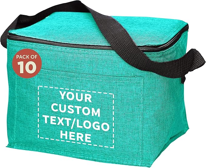 Custom Insulated Cooler Lunch Bag Set of 10, Personalized Bulk Pack - Perfect for Work, Travel, Outdoor Events - Mint