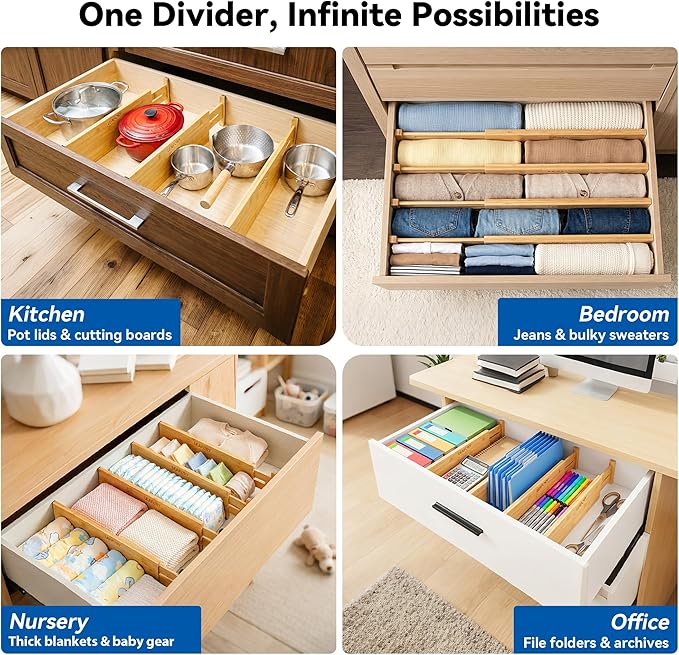 4 Pack Deep Drawer Dividers, 8" High Bamboo Expandable Drawer Organizers, 17-22" Adjustable Tension Separators, Large Drawer Dividers for Kitchen, Bedroom Dresser, Baby Nursery & Bathroom