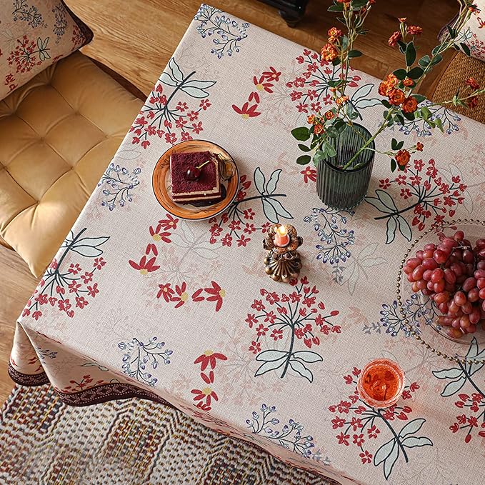 patdrea Designer French Linen Extra Long Tablecloth for Rectangle Table,Vintage Red Floral Tablecloths,Table Cover for Kitchen Dining,Tea Party,Christmas,Thanksgiving,Holiday,67"x118"-Newmari