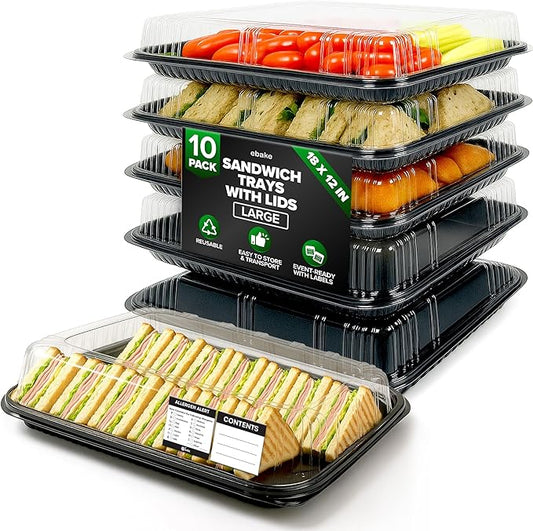 10 Pack Catering Trays with Lids – 17" Serving Tray with Lid, Heavy Duty Recyclable Plastic Party Platters for Catering, Buffet, Picnics & Events – Food Tray with Clear Lid (17.72 x 12.20 x 2.95 inch)
