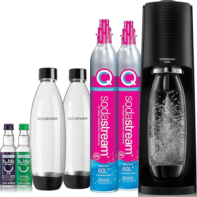 SodaStream Terra Sparkling Water Maker Bundle (Black), with CO2, DWS Bottles, and Bubly Drops Flavors & Art Sparkling Water Maker Bundle (Black), with CO2, DWS Bottles, and Bubly Drops Flavors