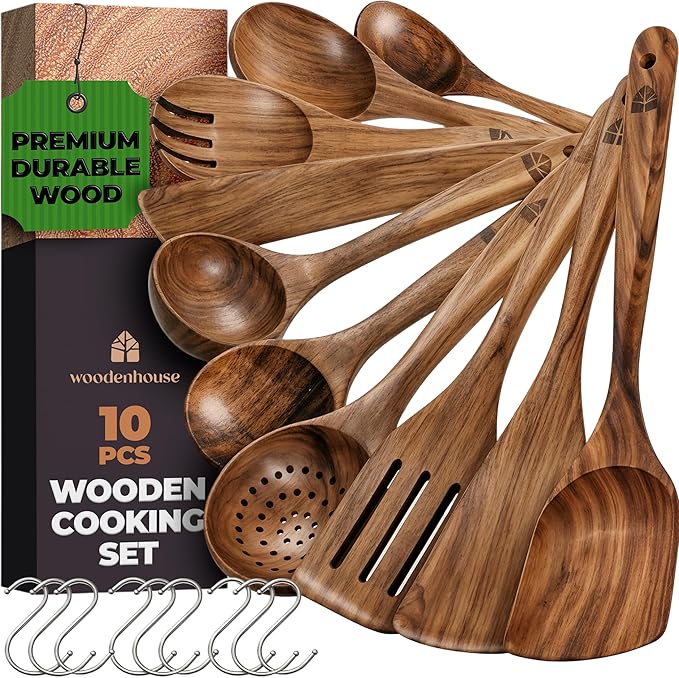 Wooden Spoons for Cooking – 10 Pcs Premium Teak Wooden Utensil Set with Hooks - Durable, Nonstick Safe, Easy to Clean & Heat Resistant with Ergonomic Handles