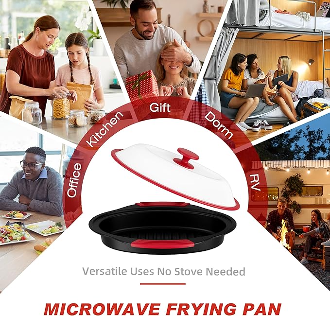 Microwave Grill Pan with Cover - Bacon Cooker, Crisper & Grilled Cheese Maker, Microwave Cookware,Dishwasher Safe for Easy Clean, Safe for Family,Dorms,Office,RV Essential