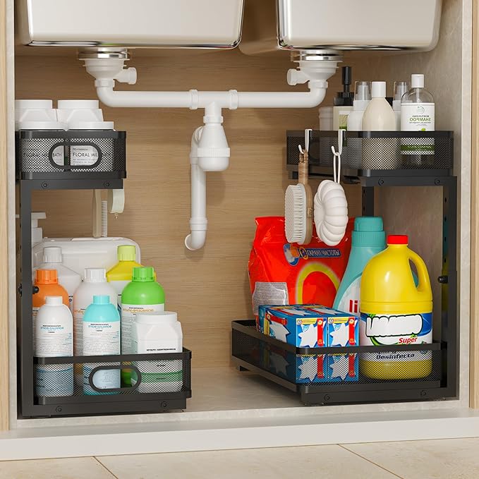 Under Sink Organizer 2 Pack, 2-Tier Slide Out Cabinet Organizer with Metal Sliding Drawer and Hooks, Pull Out Storage Baskets for Kitchen Bathroom Pantry Cabinet Organization (black)