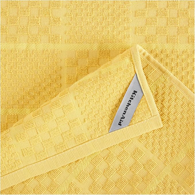 KITCHENAID Quilted Cotton Terry Cloth Oven Mitt, Pot Holder, Kitchen Towel 4-Pack Set, Heat Resistant, Silicone Grip, 16"x26", 7"x13" & 7"x10", Butter Yellow