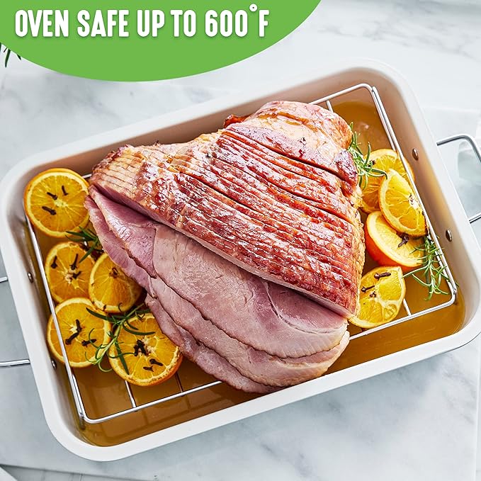 GreenLife 16.5” x 12” Healthy Ceramic Nonstick Roasting Pan with Stainless Steel Roaster Rack, PFAS-Free, PFOA-Free, Dishwasher Safe, Oven Safe, Easy Pouring Rims, Turquoise