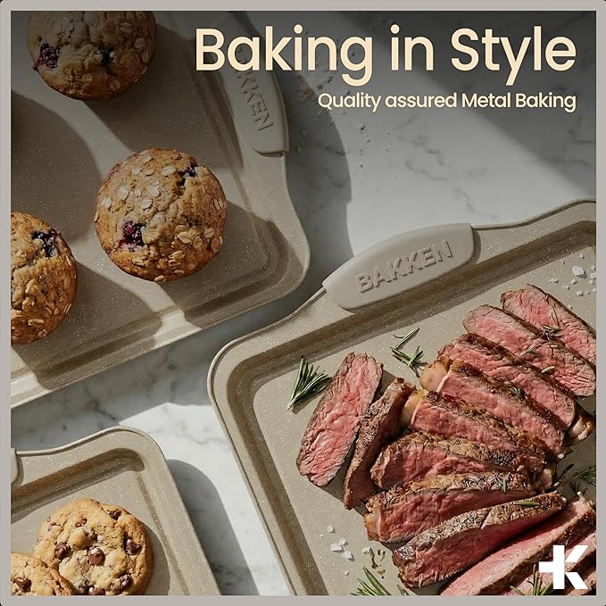 BAKKEN Kitchen Baking Pans - 15.15 x 10.03" Medium Nonstick Sheet, Durable Carbon Steel Cookie Sheet with White Silicone Handles, PFOA, PFOS, PTFE Free, Oven Safe Tray (Up To 450°F), Set of 1
