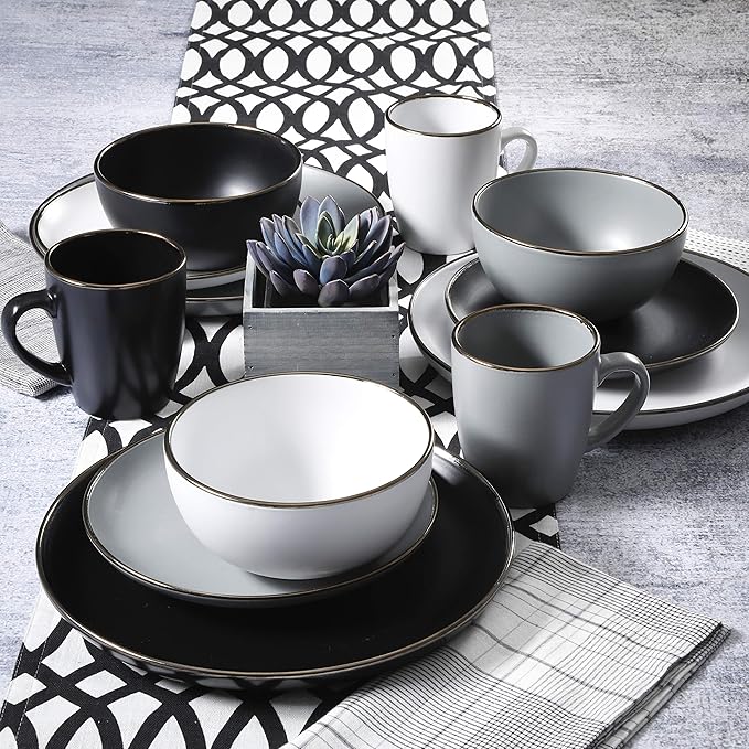 Gibson Home Rockaway 16-Piece Round Stoneware Dinnerware Set, Service for 4 – Grey with Gold Rim Plates and Bowls, Microwave & Dishwasher Safe