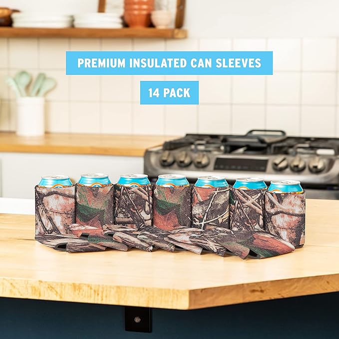 Blank Beer Can Coolers Sleeves (14-Pack) Insulated Beer Can Cooler Sleeves - HTV Friendly Plain Can Sleeves for Beer Cans & Bottles - Blanks for Vinyl Projects Wedding Favors & Gifts (Natural Camo)