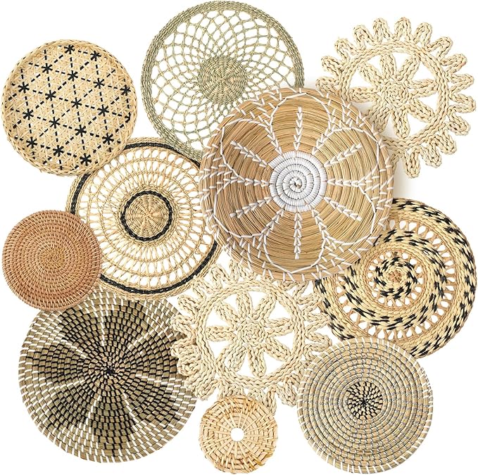 Tatuo 11 Pcs Boho Wall Basket Decor Bulrush Woven Wall Hanging Art Round Farmhouse Rustic Handmade Wicker for Summer Home, Bedroom, Living Room, Kitchen Decorations, Multi Sizes(Vivid)