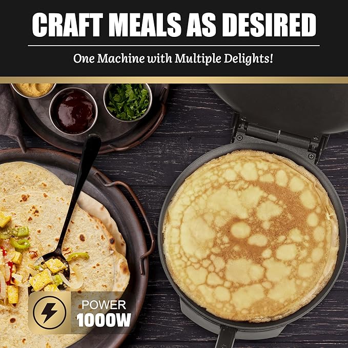 FineMade Compact Roti Maker, 8'' Electric Tortilla Maker Machine, Maquina Para Hacer Tortillas, Crepe Maker,Electric Tortilla Press, Prensa Para Tortillas, Recipe Included, Black