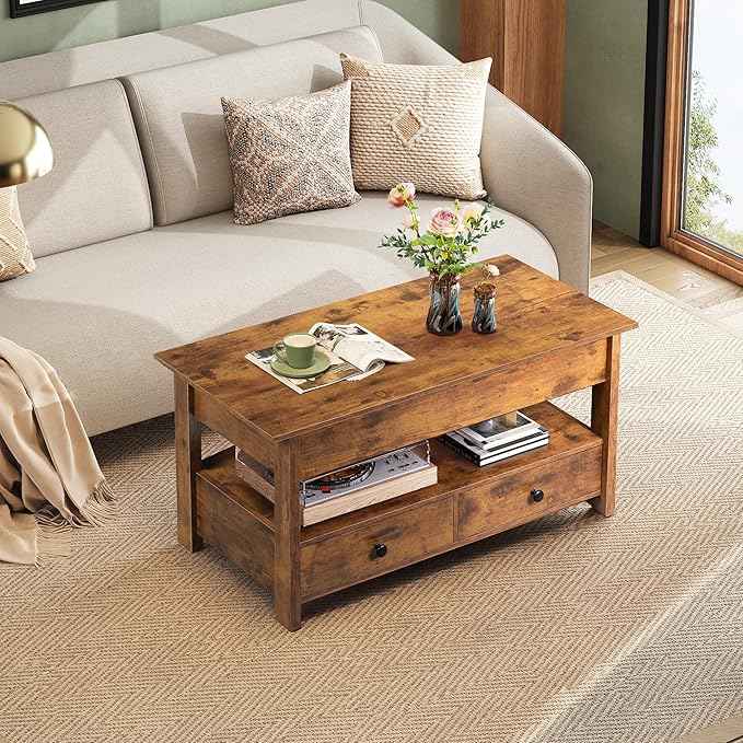 WLIVE Coffee Table, Lift Top Coffee Table with 2 Drawers, Large Hidden Compartment and Open Storage Shelf, Lift Tabletop, Dining Table for Living Room, Rustic Brown