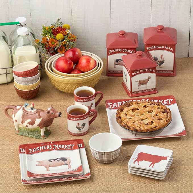 Vintage Farm Stoneware Mixing Bowl Set, 3-Piece, Includes 2 Qt, 3 Qt & 4.25 Qt Bowls, Embossed Patterns in Golden-Honey Finish, Durable & Nesting Design, Perfect for Mixing, Baking & Serving