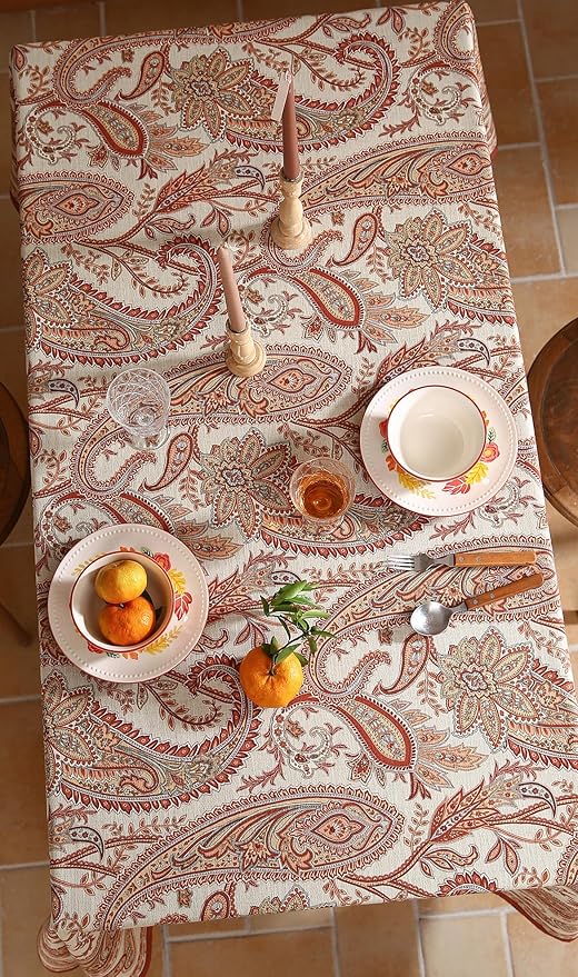 ISAENNE Designer French Red Table Cloth for Rectangle Table,Fall Linen Tablecloth with Cashew Pattern,Stain Proof Decor Tablecloths for Dining Thanksgiving Kitchen,55"*87"-Chauffrey D