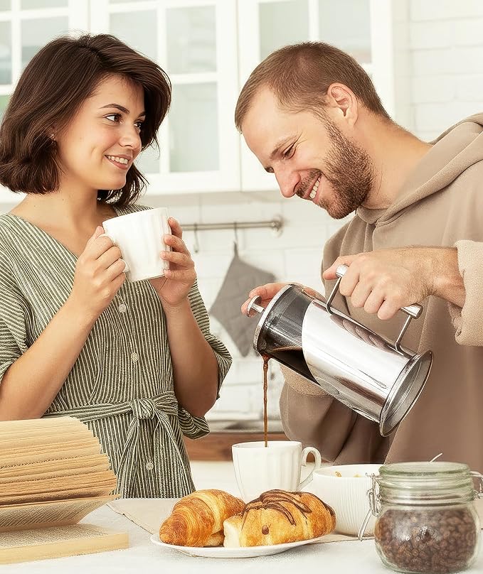 Cafe Du Chateau Stainless Steel French Press Coffee Maker 34 oz – Insulated Coffee Press with 4-Level Filtration, Manual Brewer for Tea, Camping & Travel, BPA-Free Glass (Pack of 2)