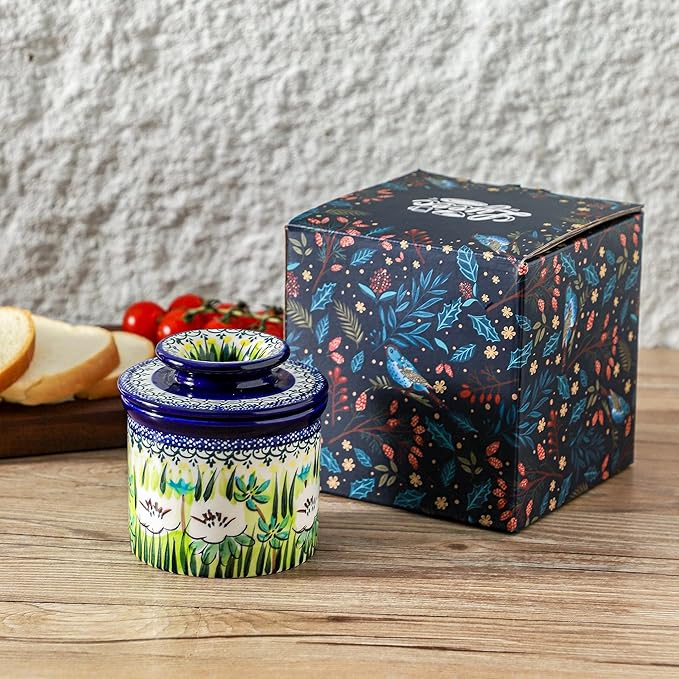 French Butter Crock with Lid for Countertop,Handpainted Floral Butter Keeper with Water Seal Line, Farmhouse Ceramic Butter Container Airtight for Soft Spreadable Butter,Housewarming Gifts