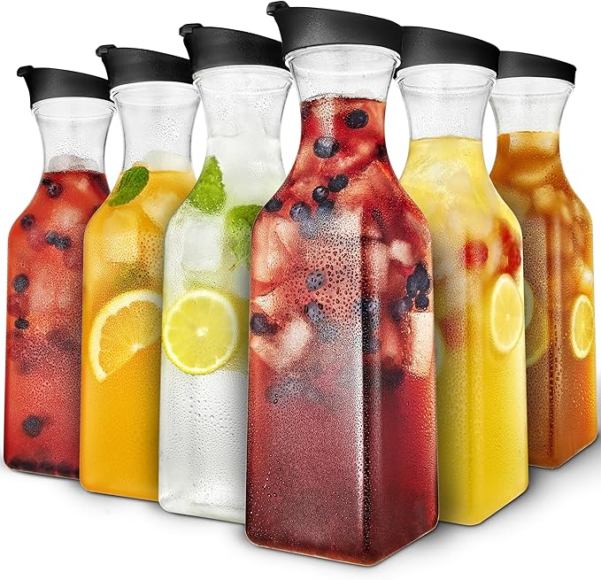 50oz Plastic Juice Carafe with Black Lids (6 Pack) 50 oz Carafes for Mimosa Bar, Drink Pitcher with Lid, Milk Container, Clear Beverage Containers for Fridge, Pantry Storage, Square Pitchers