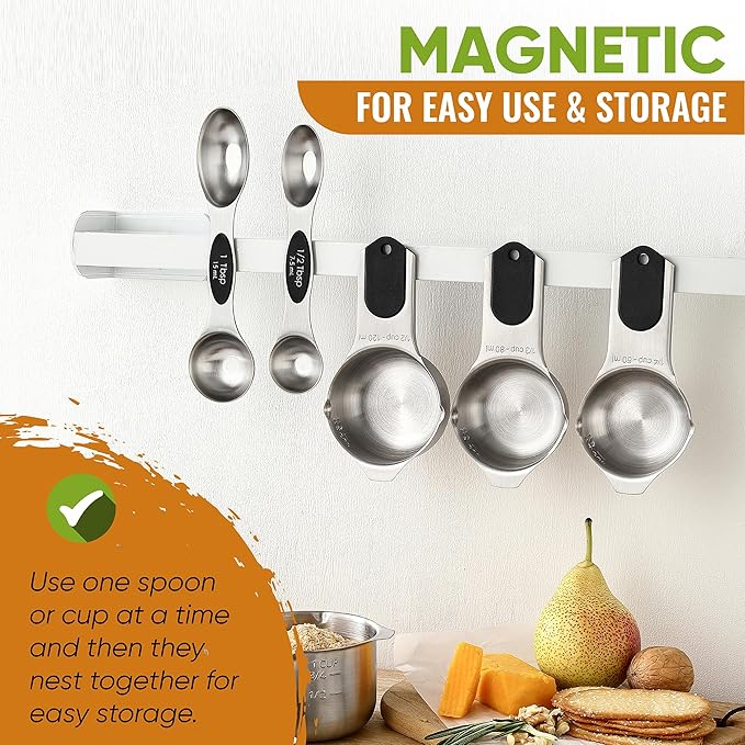 Spring Chef Magnetic Measuring Cups & Spoons Set, Patented, Strong N45 Magnets, Heavy Duty Stainless Steel Fits in Spice Jars for Baking & Cooking, BPA Free, Round Set of 9, Black