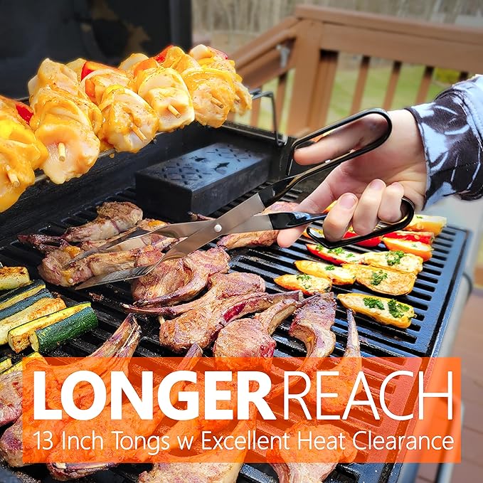 Grill Tongs for Kitchen & Outdoor Cooking: Shark BBQ, 13 Inch Long Reach Pro-Grade, Scissor-Style Utensil - Perfect for Air Frier and Oven Use (Black)