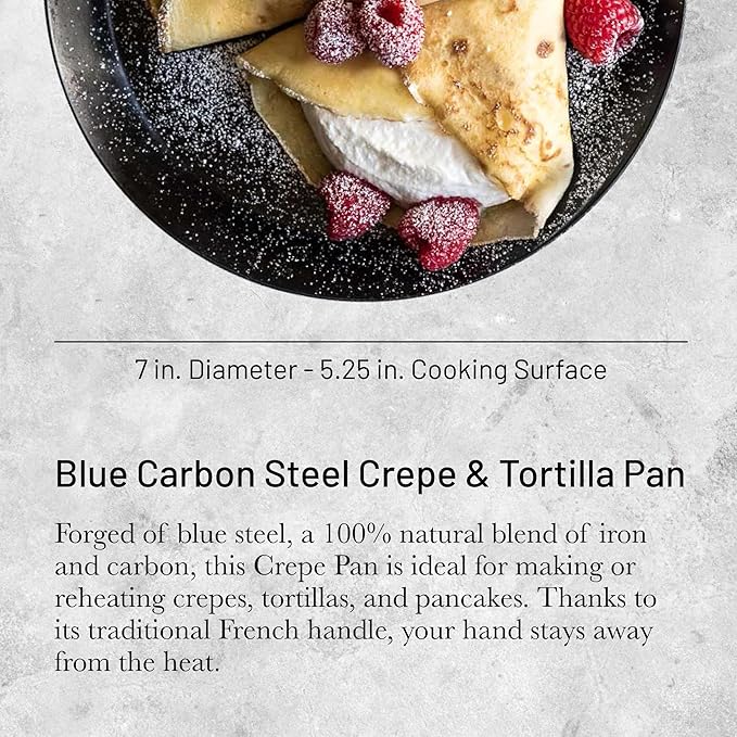 de Buyer Blue Carbon Steel Crepe & Tortilla Pan - 7” Diameter, 5.25” Cooking Surface - Ideal for Making & Reheating Crepes, Tortillas & Pancakes - Naturally Non-Stick Finish - Made in France