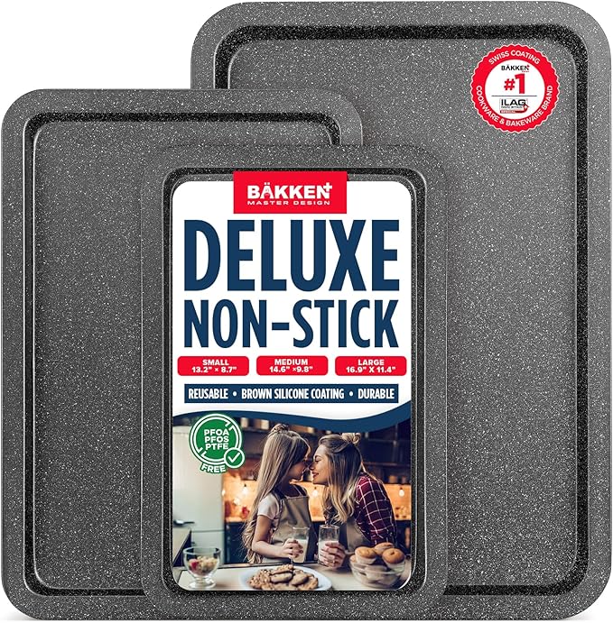 BAKKEN 3-Piece Kitchen Baking Pans - Small, Medium, and Large Cookie Pan, With Nonstick Coating, Stackable and Space-saving Design, PFOA, PFOS, PTFE Free, Oven Safe Tray (Up To 450°F), Gray Marble