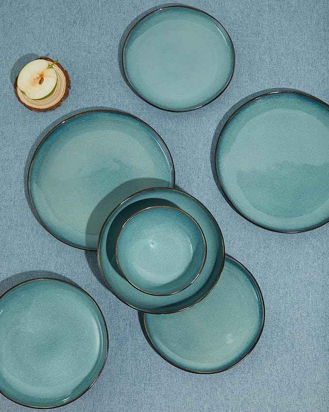 Stoneware Dinnerware Sets, Kitchen Plates and Bowls Set, Ceramic Dish Set for 4, Modern Chip & Scratch Resistant Dishware Sets, Durable Reactive Glaze Dinner Set, Green Black