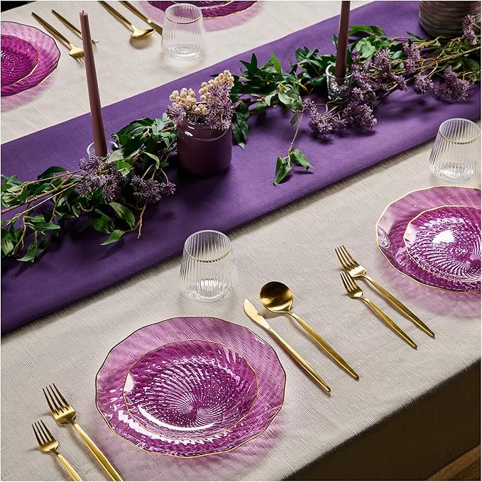 PLASTICPRO 30 Pack Plastic Set of 15-10 inch Plates and 15-7 inch Dishes Elegant Clear Purple Spiral and Gold Rim Disposable Fancy Plates Premium Heavyweight