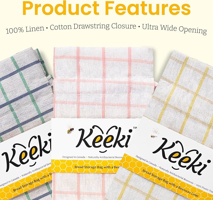 Keeki Bag - The Original Beeswax Lined Bread Bag for Homemade & Sourdough | Reusable Linen Bread Storage | Beeswax Wrap Alternative | Plastic-Free Storage w/Wide Drawstring Closure (Pink)