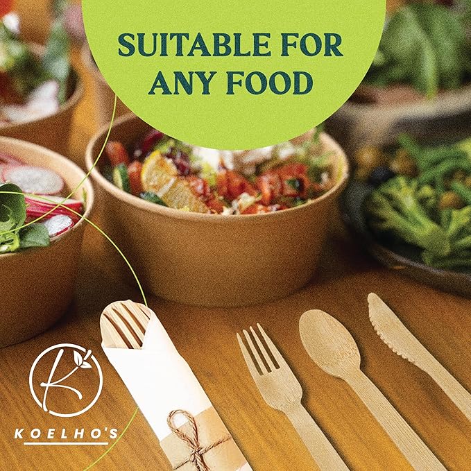 KOELHO'S Pre-Rolled Bamboo Cutlery Set 24-Pack 96 PCS | Bamboo Disposable Utensils 100% Biodegradable and Eco-Friendly | Wooden Utensils Disposable for Parties, Weddings, and Events