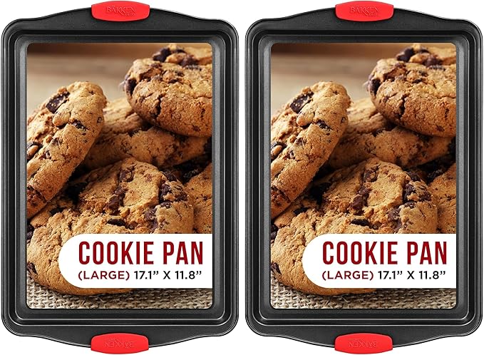Nonstick Cookie Sheet Pan Carbon Steel Oven Tray Sheet Pan with Red Silicone Handles -large Bakeware Pan Tray with Gray Coating Inside & Outside (Pack of 2)
