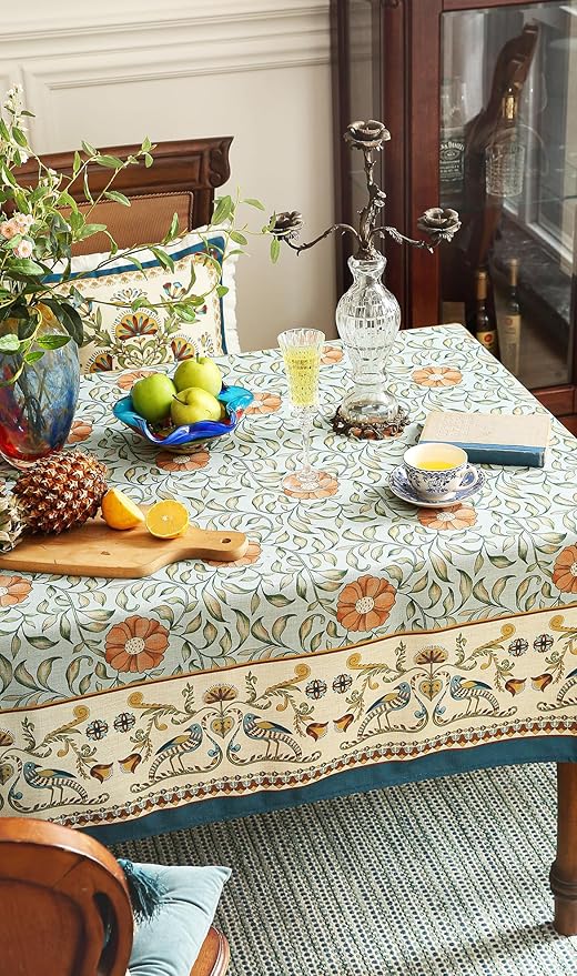 patdrea Designer French Linen Blue Tablecloth for Rectangle Table,Vintage Floral Table Cloth,Colorful Decoration Fall Cover Kitchen Dining for Thanksgiving,Tea Party,Christmas,55"x87"-Wensel