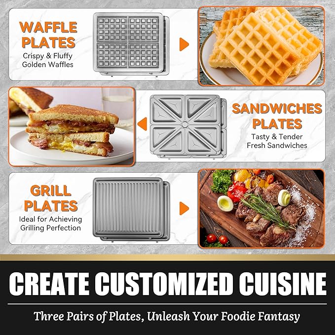 FineMade 3 in 1 Panini Grill Press with 3 Removable Plates, Breakfast Sandwich Maker, Electric Griddle Panini Press, Grilled Cheese Maker, Sandwichera Electrica, Belgian Waffle Maker