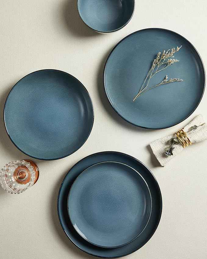 24 Piece Double Bowl Dinnerware Sets with Pasta Bowls, Highly Chip and Crack Resistant Plates and Bowls Sets, Natural Earthyware Ceramic Dishware Sets, Service for 6 Jeans Blue