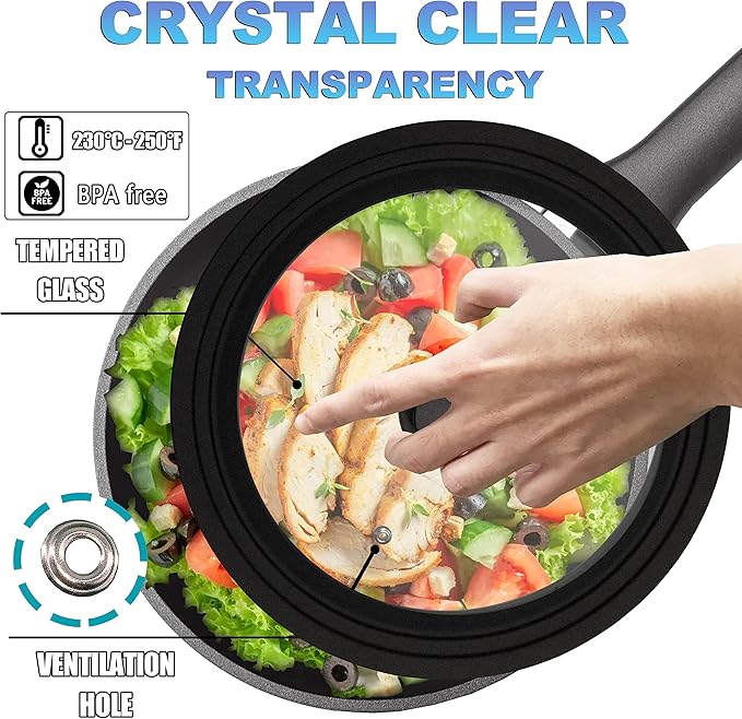 Lerykin Tempered Glass Lid - Universal Lid with Heat Resistant Silicone Rim for Pots, Pans and Skillets - Pan Cover Replacement Lid Fits 8", 8.5" and 9.5" Diameter Cookware