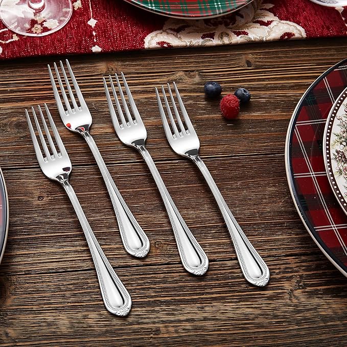 KEAWELL Pearl Edge 4-Piece Premium Fork Set, 18/10 Stainless Steel, Fine Silverware with Mirror Finish, Dishwasher Safe (4, 8" Dinner Forks)